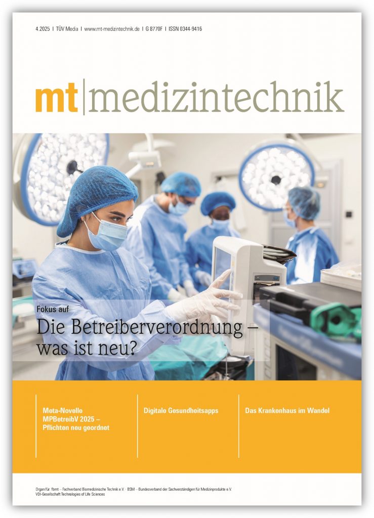 Titelbild der Ausgabe 4/25 der Fachzeitschrift mt medizintechnik zum Schwerpunktthema "Die Betreiberverordnung – was ist neu?"