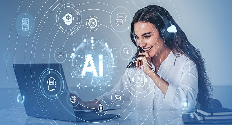 Woman wearing a headset, using a laptop, surrounded by futuristic AI concept icons, on a blue background, symbolizing technology and innovation