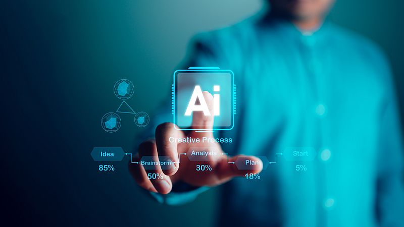 echnologie und Menschen – Konzept: Der Mensch nutzt KI zur Unterstützung seiner Arbeit, KI-Lernen und Konzept der künstlichen Intelligenz. Wirtschaft, moderne Technologie, Internet und Netzwerkkonzept. KI-Technologie im Alltag.