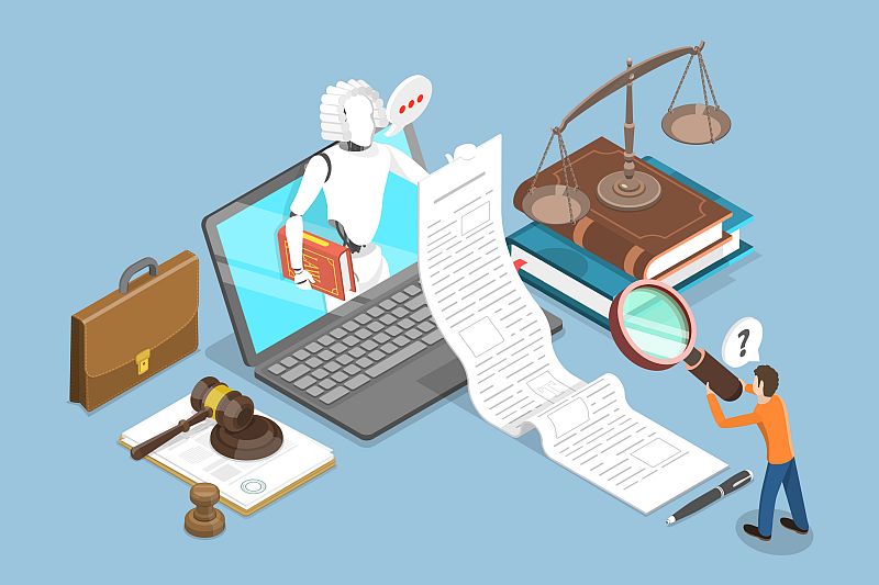 Illustration eines Laptops, aus dem ein Juristen-Roboter heraussteigt um einem Leser mit Lupe einen langen Text hinzuhalten.
